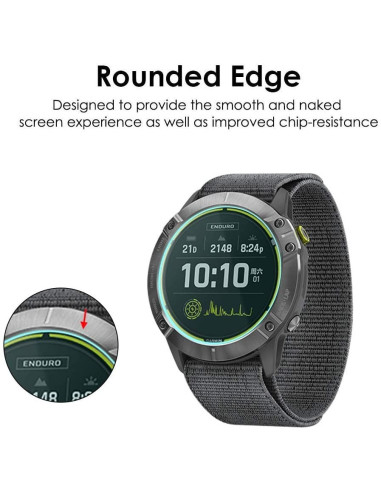 Garmin Enduro med härdat glas, visande rundad kant och skärmdetaljer