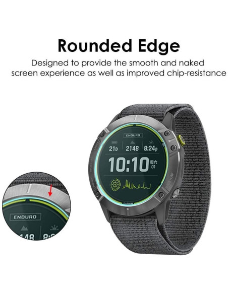 Garmin Enduro med härdat glas, visande rundad kant och skärmdetaljer