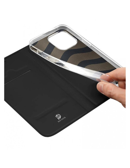 Detaljvy av insidan av svart Flipfodral Skin Pro för iPhone 15 Pro Max med kortfack