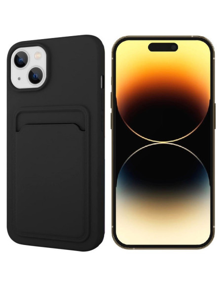 Svart gummibelagt skal för iPhone 14 Plus med kortfack, sett från sidan och baksidan
