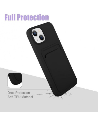 Svart gummibelagt skal för iPhone 14 Plus med kortfack, sett snett bakifrån med fokus på kortfacket