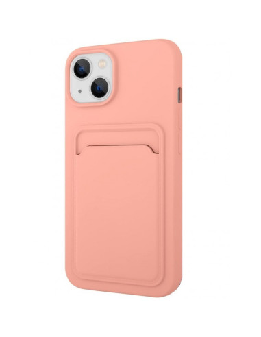 Svart gummibelagt skal för iPhone 14 Plus, sett från sidan med fokus på kortfacket