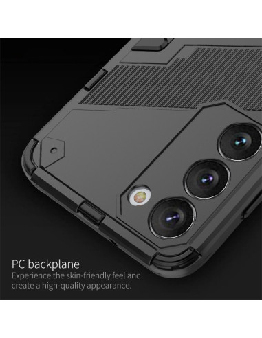 Detaljvy av Samsung S23 FE skal med kickstand, fokus på baksidan och kamerautskärning