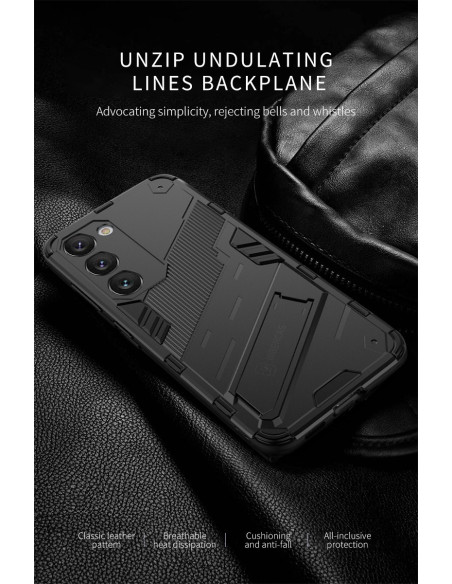 Samsung S23 FE skal i svart TPU med kickstand, visat på en texturerad yta
