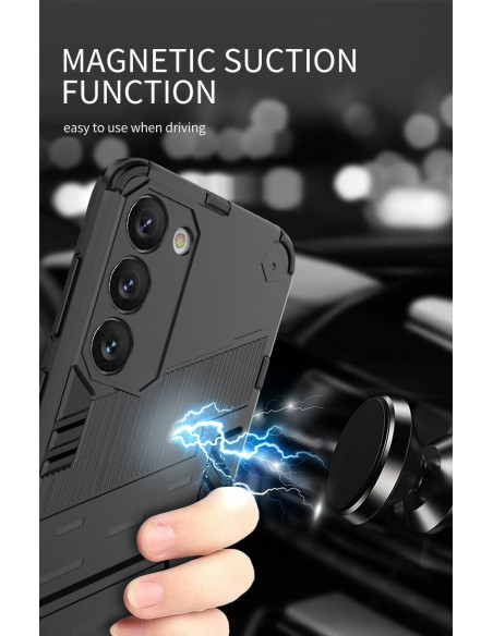 Samsung S23 FE skal med kickstand, hålls i handen med magnetisk sugfunktion i fokus