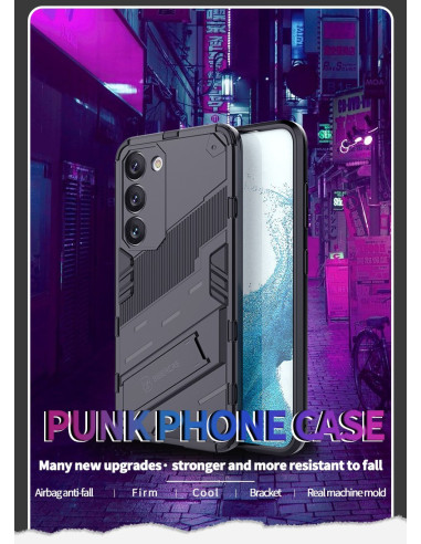 Samsung S23 FE skal i svart TPU med kickstand, visat i en urban miljö med neonljus