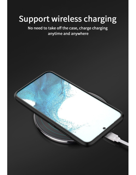 Samsung S23 FE skal med kickstand, visat på trådlös laddare med fokus på skärmens utsikt