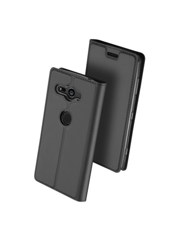 Svart flipfodral i Skin Pro-material för Xperia XZ2 Compact, sett från sidan för att visa knappar och utskärningar