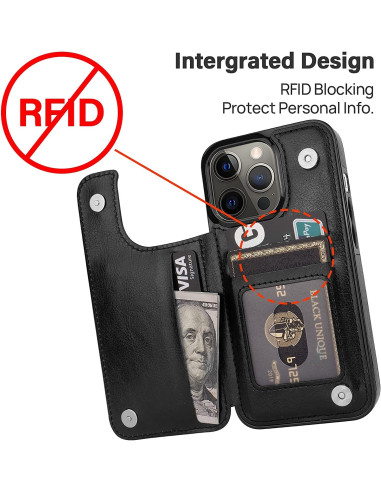 Svart flip-skal för iPhone 14 Pro med RFID-skydd, öppet för att visa kortfacken och telefonen