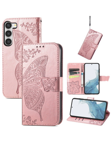 Fjärilsmotiv på rosa plånboksfodral för Samsung S23 FE med fyra fack