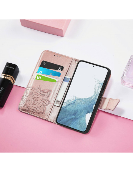 Öppet plånboksfodral för Samsung S23 FE med fjärilsmotiv och synliga kortplatser
