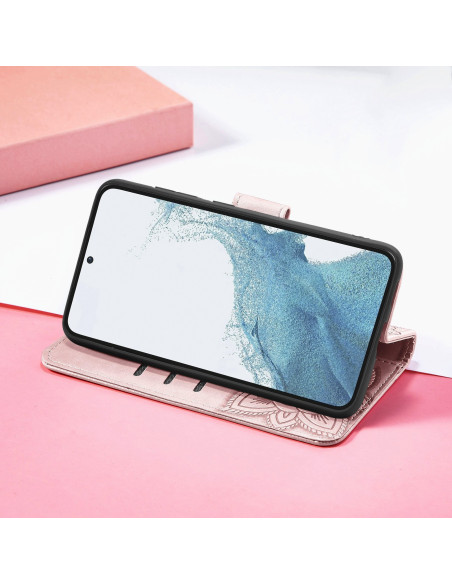 Samsung S23 FE plånboksfodral med fjärilsmotiv, stående vy med telefon insatt