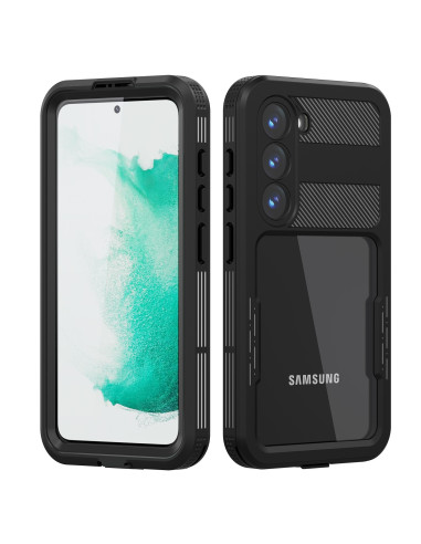 Svart heltäckande vattentät skal för Samsung S23 FE, visat framifrån och bakifrån