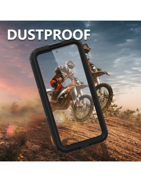 Svart vattentät skal för Samsung S23 FE, visat i action med motorcyklar i bakgrunden