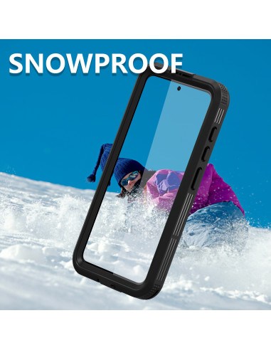 Svart heltäckande vattentätt skal för Samsung S23 FE, visat i snölandskap med aktiv person i bakgrunden