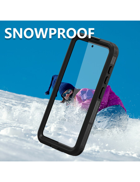 Svart heltäckande vattentätt skal för Samsung S23 FE, visat i snölandskap med aktiv person i bakgrunden