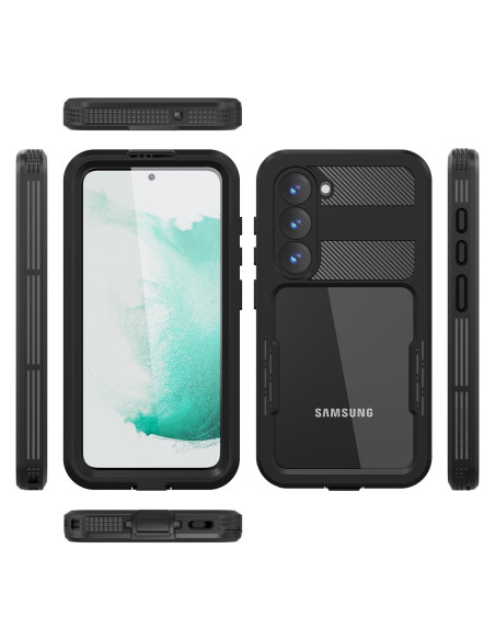 Svart heltäckande vattentätt skal för Samsung S23 FE, visat från flera vinklar med detaljerad design