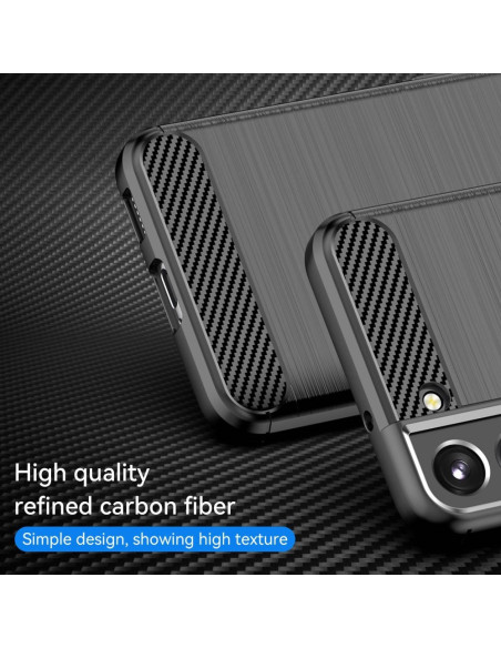 Detaljvy av SlimCarbon-skalets texturerade yta och kameraöppning för Samsung S23 FE