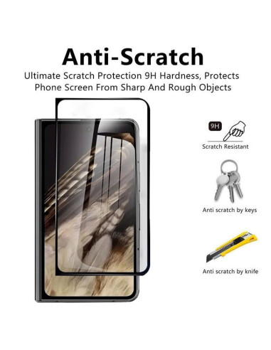 Framifrån vy av härdat glas för Google Pixel Fold som visar 9H hårdhet och repmotstånd