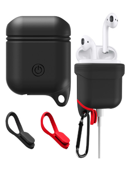 Svart stöttåligt silikonfodral för Apple AirPods med karbinhake och laddningsport