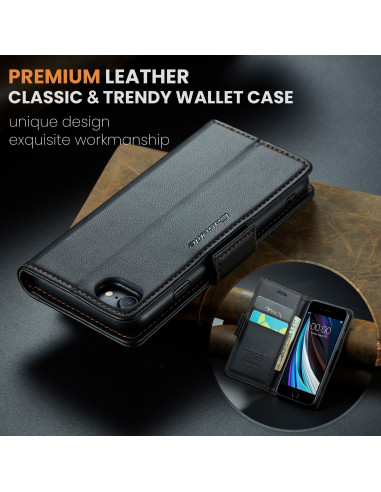 Svart CaseMe Skin Pro fodral för iPhone 6/7/8/SE 2020/SE 2022, öppet med kortfack och telefon insatt