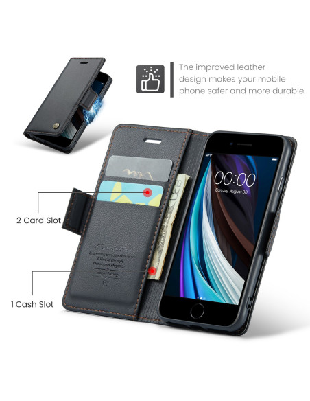 Svart CaseMe Skin Pro fodral för iPhone 6/7/8/SE 2020/SE 2022, öppet med kortfack och sedelfack