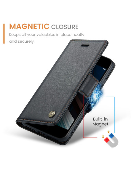 Svart CaseMe Skin Pro fodral för iPhone 6/7/8/SE 2020/SE 2022 med magnetisk stängning, sett framifrån