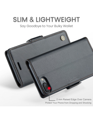 Svart CaseMe Skin Pro fodral för iPhone 7 Plus / 8 Plus, sett från sidan med kameraöppning och detaljerad sömnad