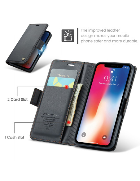 Svart CaseMe Skin Pro fodral för iPhone X/XS med öppet kortfack och telefon insatt, sett framifrån