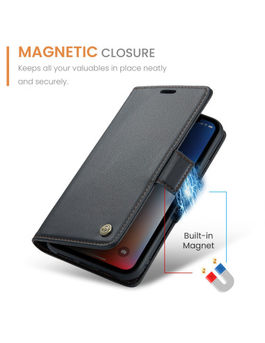 Svart CaseMe Skin Pro fodral för iPhone X/XS med magnetisk stängning och telefon insatt