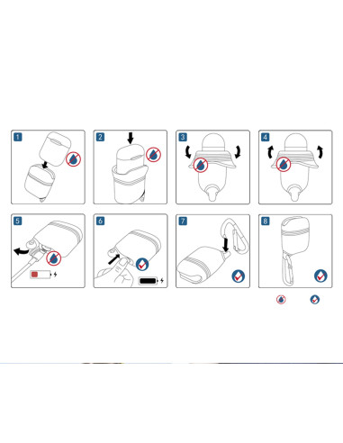 Svart silikonfodral för Apple AirPods med karbinhake, visad med instruktioner för användning