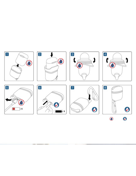 Svart silikonfodral för Apple AirPods med karbinhake, visad med instruktioner för användning