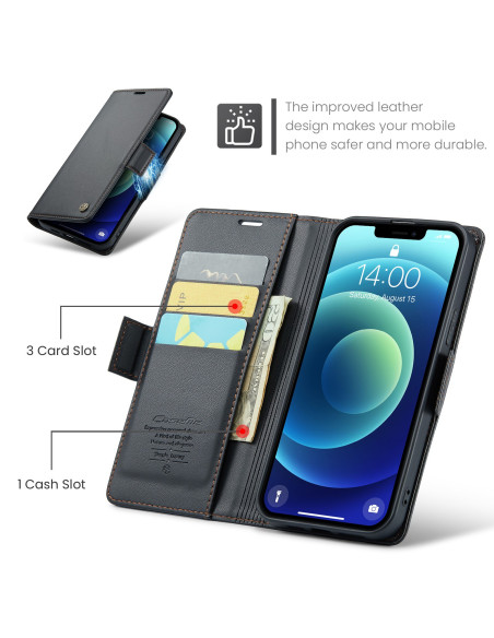 Svart Skin Pro Fodral för iPhone 12/12 Pro, öppet med tre kortfack och en sedelficka