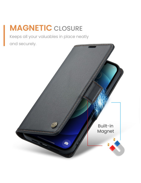 Svart Skin Pro Fodral för iPhone 12/12 Pro, stängt med magnetisk stängning och skärmvisning