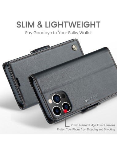 Svart Skin Pro fodral för iPhone 13 Pro sett bakifrån med öppet lock och kortfack