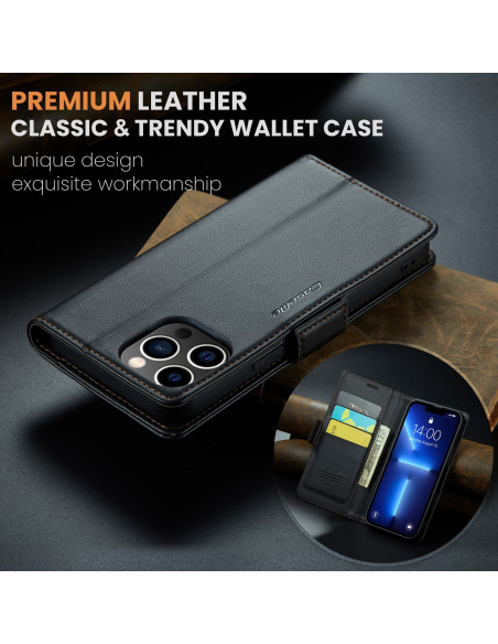 Svart Skin Pro fodral för iPhone 13 Pro med öppet lock som visar kortfack och telefonens skärm