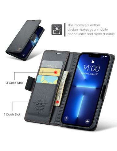 Svart Skin Pro fodral för iPhone 13 Pro med öppet lock som visar kortfack och telefonens skärm från insidan