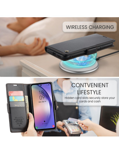 CaseMe Skin Pro fodral för Samsung A54 5G, öppet med telefon och kortfack, visar trådlös laddning