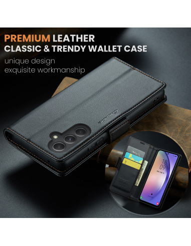 CaseMe Skin Pro fodral för Samsung A54 5G, öppet med kortfack och telefon som visar skärmen