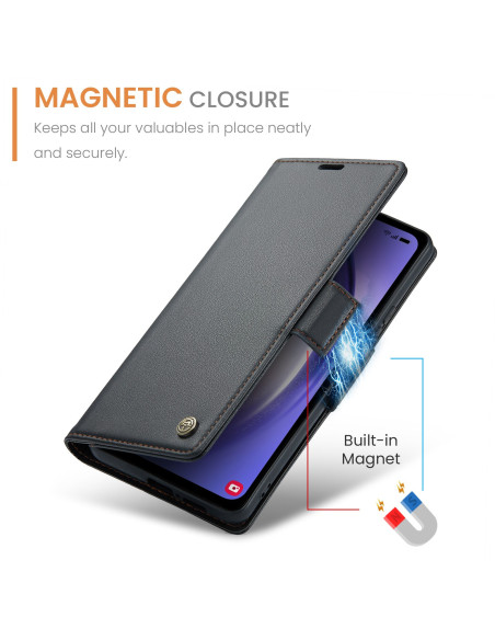 Svart CaseMe Skin Pro fodral för Samsung A54 5G, med magnetisk stängning och telefon insatt