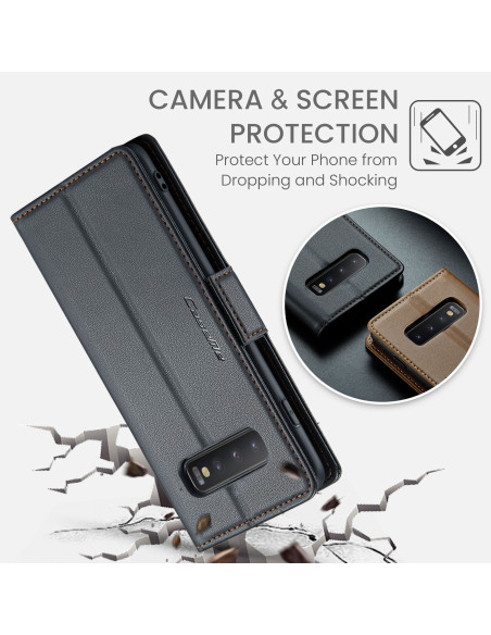 Svart CaseMe Skin Pro fodral för Samsung S10, öppet med kortfack och kamerautskärning