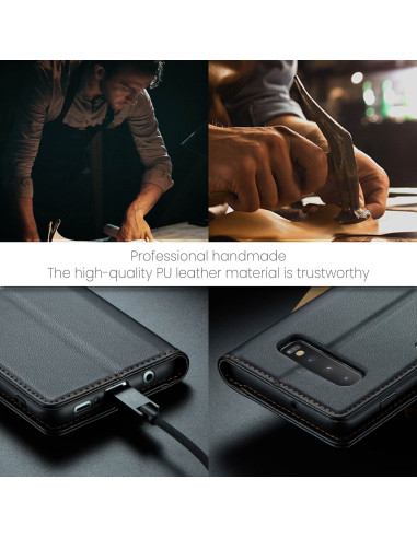 Svart CaseMe Skin Pro fodral för Samsung S10 med detaljerad vy av konstläder och öppet kortfack