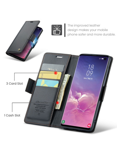 Svart CaseMe Skin Pro fodral för Samsung S10, öppet med kortfack och mobil i visning