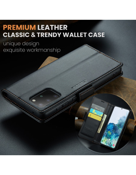 Svart CaseMe Skin Pro fodral för Samsung Galaxy S20, öppet med kortfack och telefonvisning