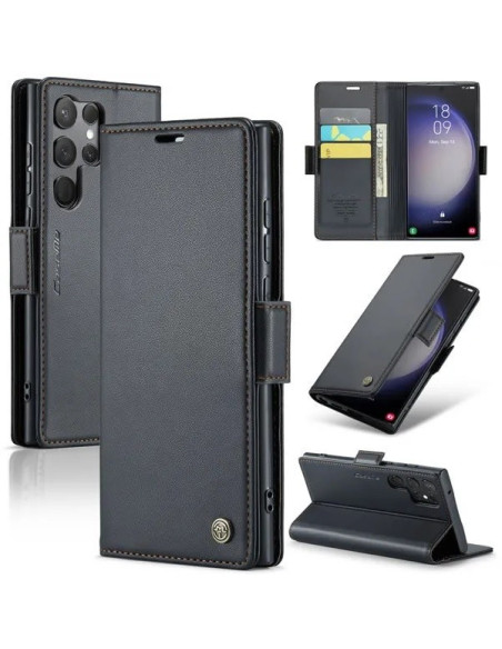 Svart CaseMe Skin Pro fodral för Samsung Galaxy S23 Ultra, öppet med kortfack och telefon insatt