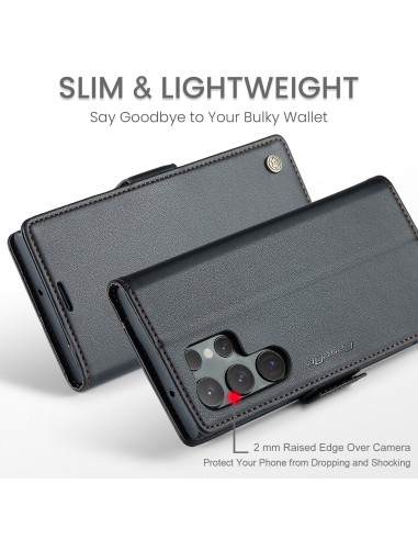 Svart CaseMe Skin Pro fodral för Samsung Galaxy S23 Ultra, stängt med detaljerad textur och kamerautskärning