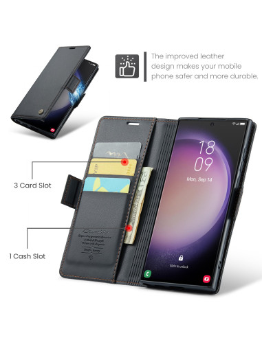 Svart CaseMe Skin Pro fodral för Samsung Galaxy S23 Ultra, öppet med tre kortfack och kontantfack