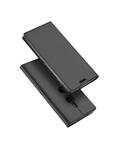 Svart Xperia XZ2 flipfodral Skin Pro med kortfack, stängt och sett från sidan