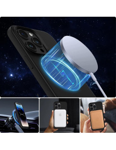 Svart gummibelagt MagSafe-skal för iPhone 15 Pro, visat från sidan och bakifrån 2