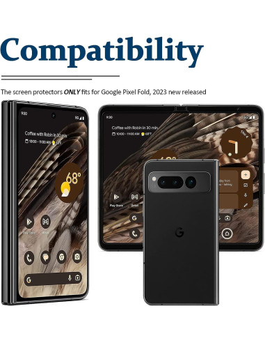 Härdat glas för Google Pixel Fold, visat från sidan med telefonens skärm och baksida